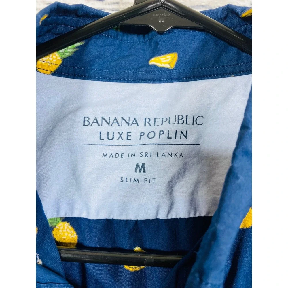 Banana Republic Shirt Mens Slim Luxe Poplin Pineapple Navy Blue M Fruit